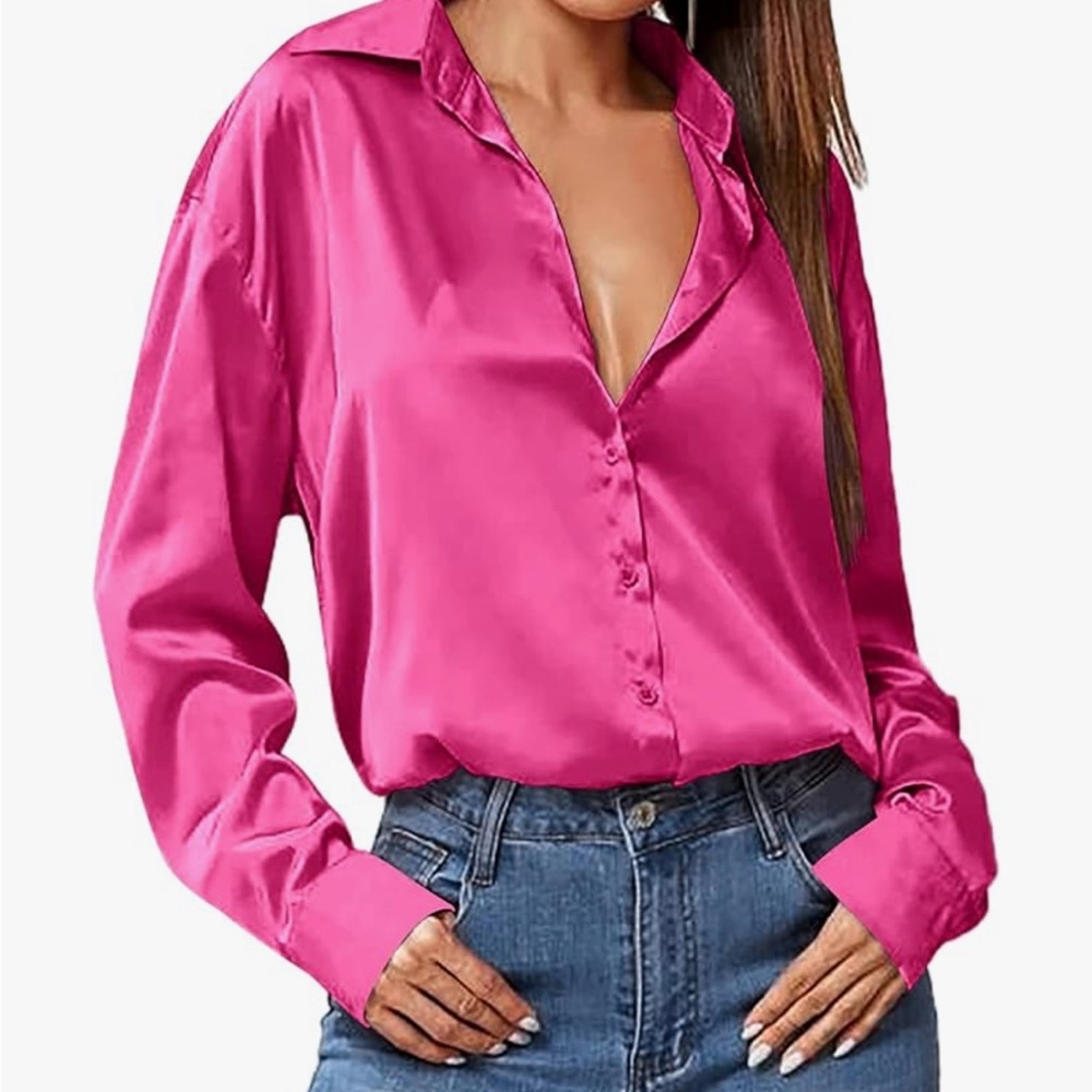 Hotouch Satin Button-Down Blouse Women’s L Hot Pink Fuchsia Long Sleeve NWT